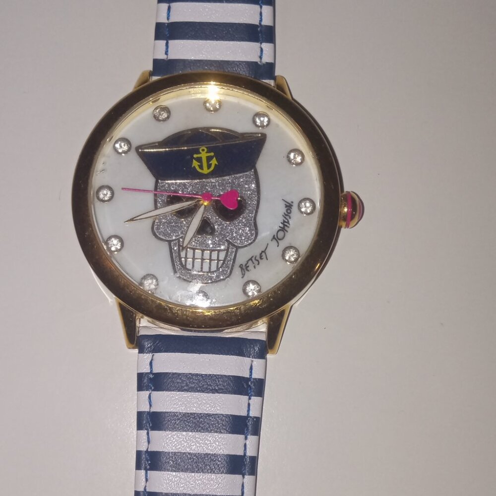 Betsey Johnson navy and white skull watch